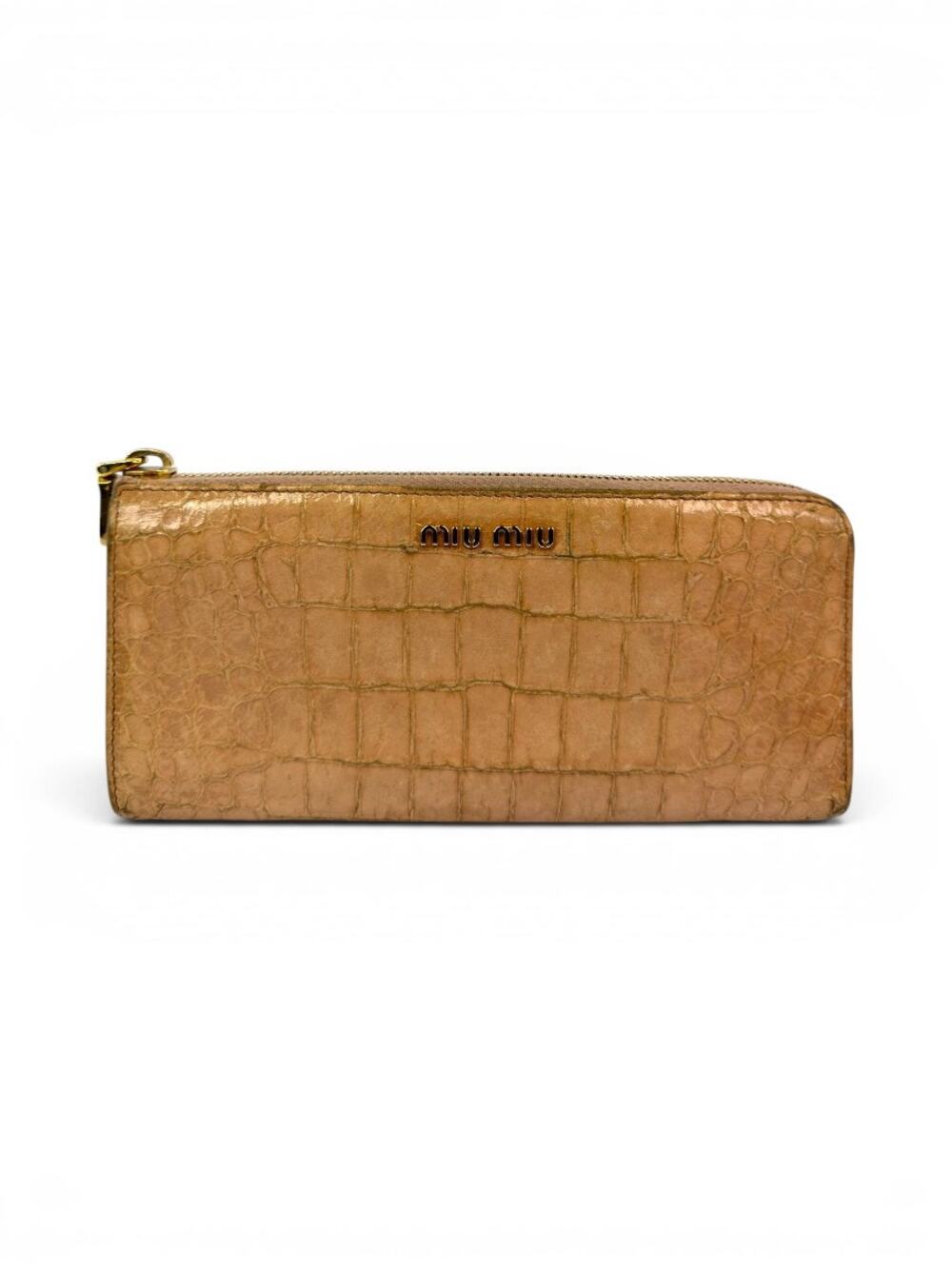 Vintage Miu Miu Cognac Croc Embossed Leather Zip Wallet Gold Hardware